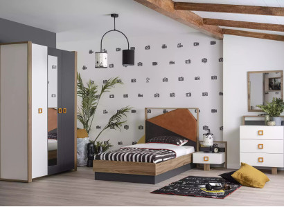 Suite Bed Bedroom Childrens room Set Furniture Gray 5pcs Wood new